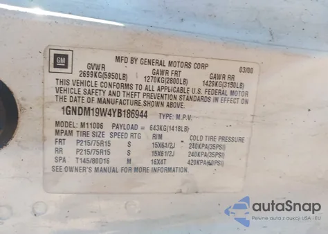 2000 Chevrolet Astro from USA, damaged, VIN 1GNDM19W4YB186944